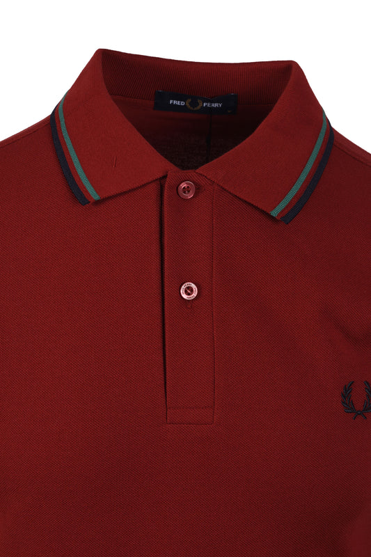 FRED PERRY TWIN TIPPED POLO SHIRT BURNT RED/SPORT GREEN/NAVY
